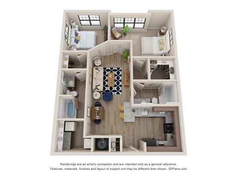 Floor plan for 2 beds, 2 baths, 1032 sqft
